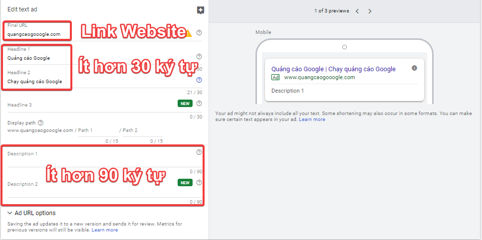 Hiện nay Google đã yêu cầu rút ngắn rất nhiều kí tự trong nội dung quảng cáo.