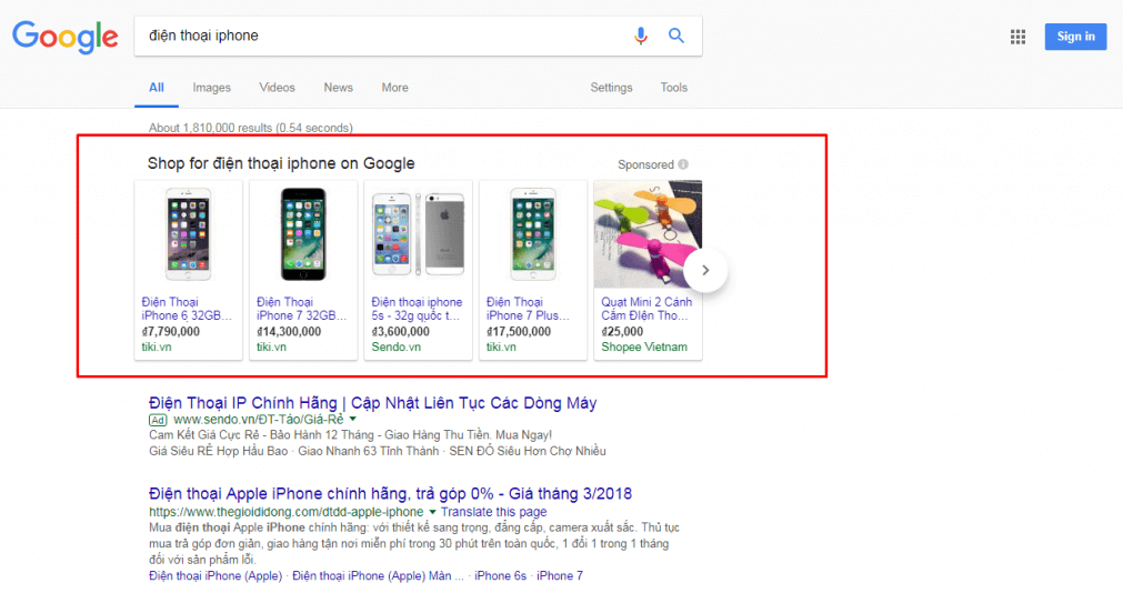 Quảng cáo Google Shopping thường sẽ được hiển thị dạng slide ngay dưới thanh tìm kiếm của Google