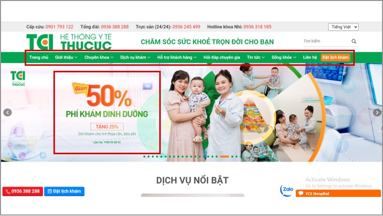 Website bệnh viện này thiết kế banner lớn cho các dịch vụ nổi bật của họ. Bên cạnh đó, thanh công cụ cũng rất chi tiết, đúng mối quan tâm ỏ khách hàng