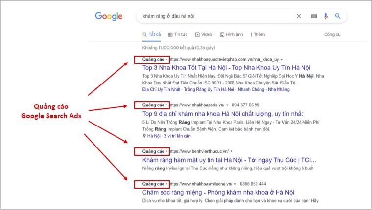 Kết quả tìm kiếm sử dụng Google Search Ads sẽ có chữ "Quảng cáo" hoặc "QC", phân biệt với những hình thức khác