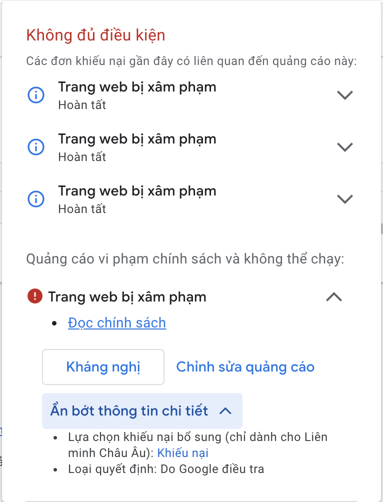 Google Ads thông báo quảng cáo bị từ chối vì website bị nhiễm mã độc